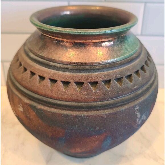 John Melkonian Raku Studio Pottery Vase Incised Triangle Design Signed 2010 EUC - Picture 12 of 16